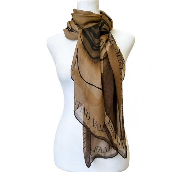 Valentino Accessories - Valentino Logo Scarf Floral Silk Stole Two-Tone Camel Nero